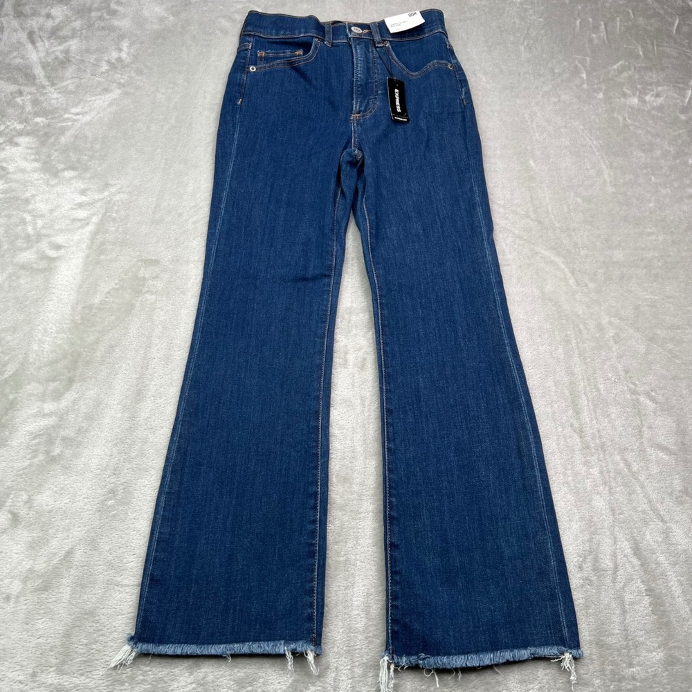 Express Cropped Flare Jeans Womens 00R Blue Solid Stretch High‎ Rise Raw Hem